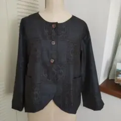 着物リメイク☆大島紬 ノーカラージャケット 紺色☆