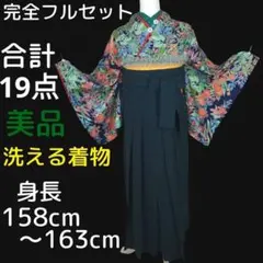 袴フルセット　小紋　女性袴　ネイビー　紺　グリーン　緑　卒業式　大学生　美品