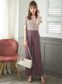 フロントボタンリブニットトップス