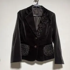 テーラードジャケット　お花つき　L ベルベット ベロア調　ブラウン
