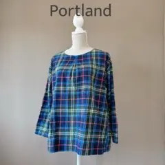 【ポートランド】4　XL　青系チェック　ノーカラーブラウス　長袖　大きいサイズのサムネイル