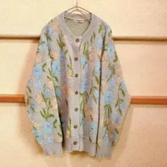 Samansa Mos2 ループ花柄ジャガードニットカーディガン　グレー　総柄