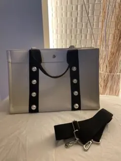 パール付きキャンバストートバッグ 2WAY ショルダー付 ホワイト×ブラック