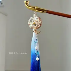 再販未定 青彼岸花と鬼灯と蓮の和風ピアス 蝶々と淡水パール、ロング