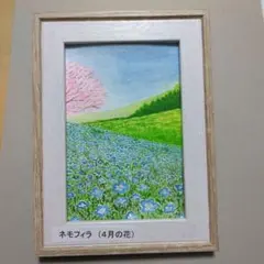 原画：ハガキサイズ】 湖畔の桜並木 オイルパステル画 - メルカリ