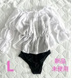 水着2点セット　シフォントップス　ワンピース　ホワイト×ブラック　Lのサムネイル