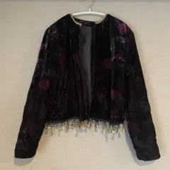 黒　ブラック　花柄　ベロア　ノーカラー　ジャケット　ヴィンテージ　古着