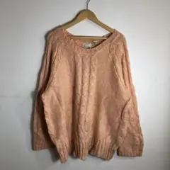 90s ヴィンテージ モヘア混 ケーブルニット コーラルピンク L ゆったり
