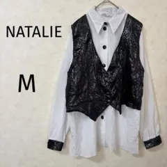 NATALIE 【M】　ベストレイヤード風ブラウス　白黒ベストドッキング