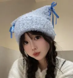 紐リボンニット帽/キャップ 猫耳 青