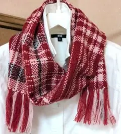 ハンドメイド　手織り　 赤とピンクとブルーのチェック柄マフラー