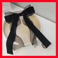 ヘアアクセサリー リボン ベロア バレッタ 髪留め 黒 ブラック 韓国ブラック