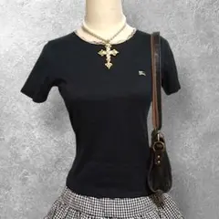 バーバリーロンドン黒ノバチェック縁ホース刺繍ロゴバックボタン半袖ピタTY2K古着