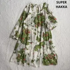【極美品】スーパーハッカ.総柄ワンピース　絵画　レース　花柄　白　長袖　ゆったり