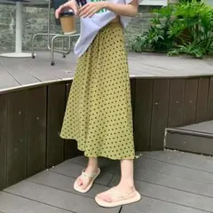 n421【最終セール】ドット柄 水玉模様 ロングスカート グリーン