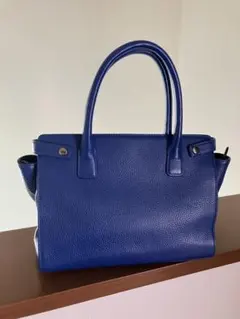 <美品>ブルーレザー ハンドバッグ ポケット多数