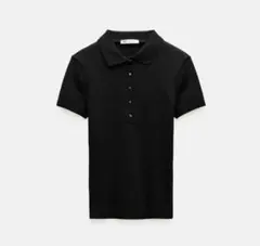 ZARA リブニットポロシャツ 半袖 ブラック S