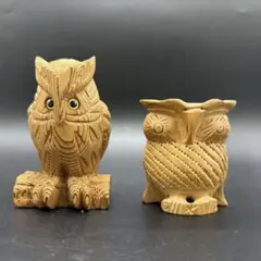 木彫り フクロウ 置物 縁起物 三匹 - メルカリ