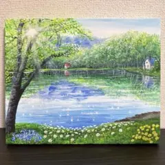 絵画　原画　風景画　肉筆　キャンバス　F3 『水に映る新緑』