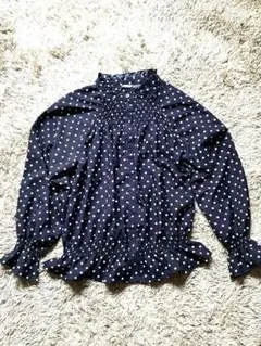 lespoirネイビードッド柄フリルハイネックブラウスＬサイズ