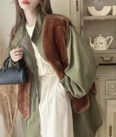 カーキ ファーベスト付きマルチWAYモッズコート