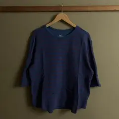 Gap ワッフルカットソー ボーダー 七分袖 カットオフ Lのサムネイル