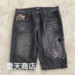豊天商店 刺繍 和柄 デニムパンツ ショートパンツ 鯉 桜 XLサイズのサムネイル