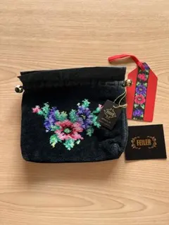 FEILER 花柄刺繍ポーチ 黒