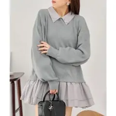 Chico ビジュー襟フリルデザインミニワンピース グレー