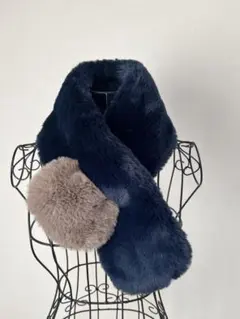 キング／ネイビー&モカ フェイクファー マフラー 92cm✖️14cm