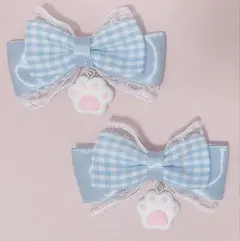 ミニリボンヘアクリップ 水色 チェック 肉球チャーム 量産型ロリィタ推し活ヘアメ