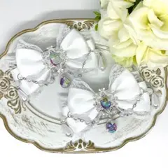 リボン♡ヘアクリップ♡量産型♡地雷系♡サテン白1-1 パールチャーム ドロップ