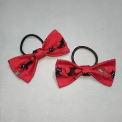 赤 猫柄 ヘアゴム 2点セット