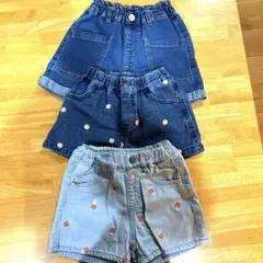 初夏・夏服　サイズ100 刺繍デザイン ダークブルー 半ズボン 3点セット