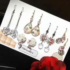 ハンドメイド 花のピアス 花びらと葉っぱのピアス 揺れるピアス ５セット まとめ