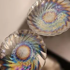 虹色の花模様ガラス皿　2枚セット