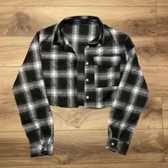 フランネルショートシャツ クロップド チェック柄 黒ブラック