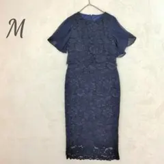 ネイビー レース ワンピース M スカートワンピ 紺 花柄レース