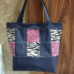 デニムパッチワークトートバッグ