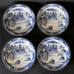 古い　平戸嘉祥窯 染付風景図中皿四枚まとめ　直径約17cm　骨董　料亭　Dのサムネイル