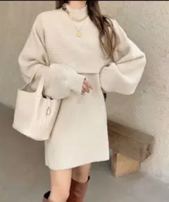ワンピース ハイネックリブニット＋ノースリーブワンピース２点セット