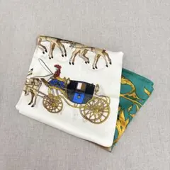 美品 スカーフ シルク100 大判 グリーン ホワイト 馬車