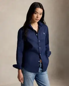 【極美品】ポロラルフローレン ネイビー長袖リネンシャツボタンダウンホワイトポニー