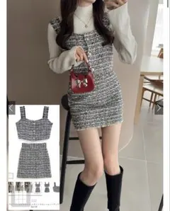 ラメツイードビスチェ×ミニタイトスカートセットアップ[ta174]Sサイズ