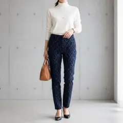 G5469*ナチュラルビューティーベーシック☆総柄☆パンツ☆紺 黒☆L