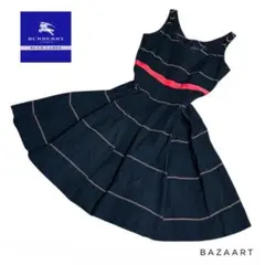 バーバリーブルーレーベル リボン付フレアワンピース Aライン 紺 ノースリーブ