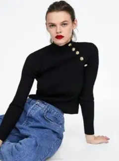ZARA KNIT ゴールドボタン付き リブ編み ニット