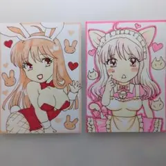 ♡萌え絵♡ バニーガールと猫耳メイドのイラスト2枚セット　原画