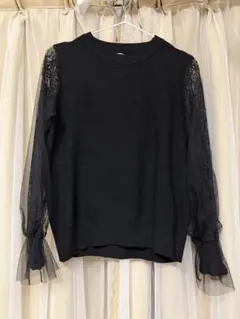 最終　袖レース付き黒ニットセーター　fifth