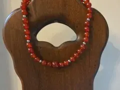 ハンドメイド 天然石ネックレス レッド系 丸玉　４２cm